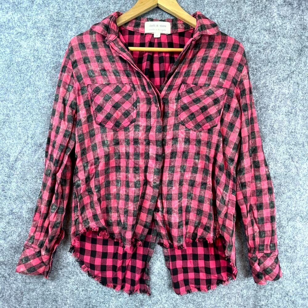 Cloth & Stone Shirt Women Small Red Black Plaid Pocket Roll Tab Grunge 90s